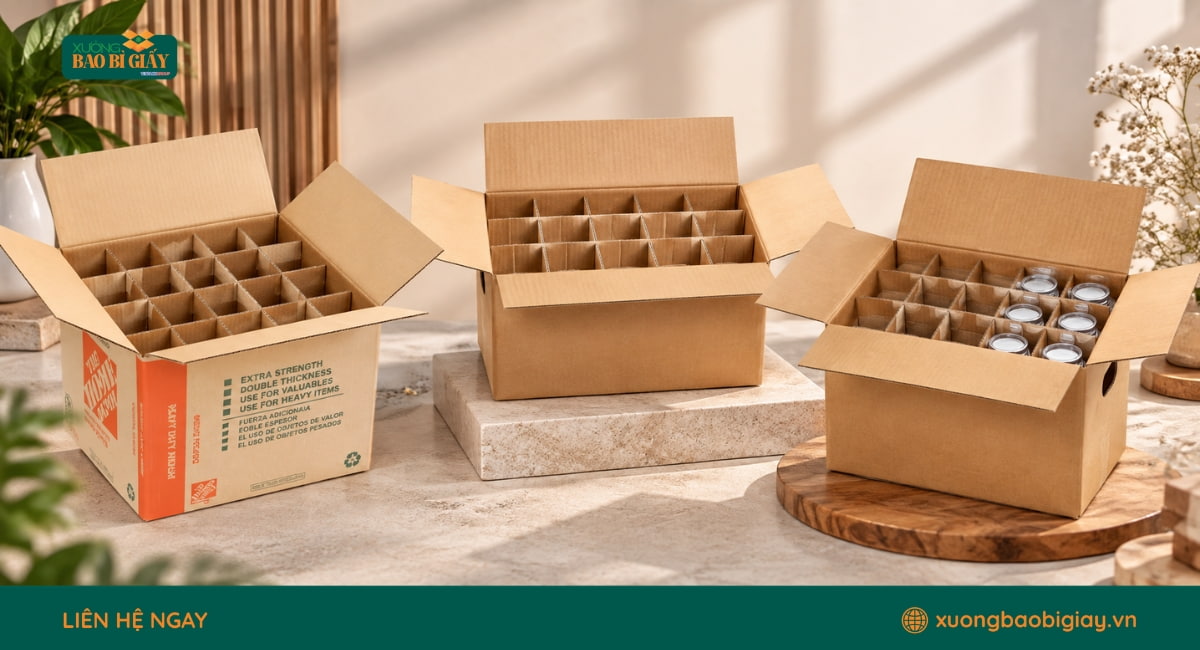 Cấu tạo thùng carton có vách ngăn giúp chia khoang và cố định sản phẩm bên trong
