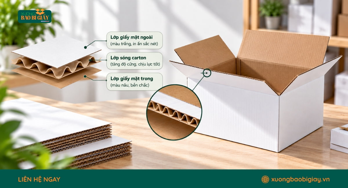 Cấu tạo thùng carton trắng với các lớp giấy tạo độ cứng và khả năng chịu lực
