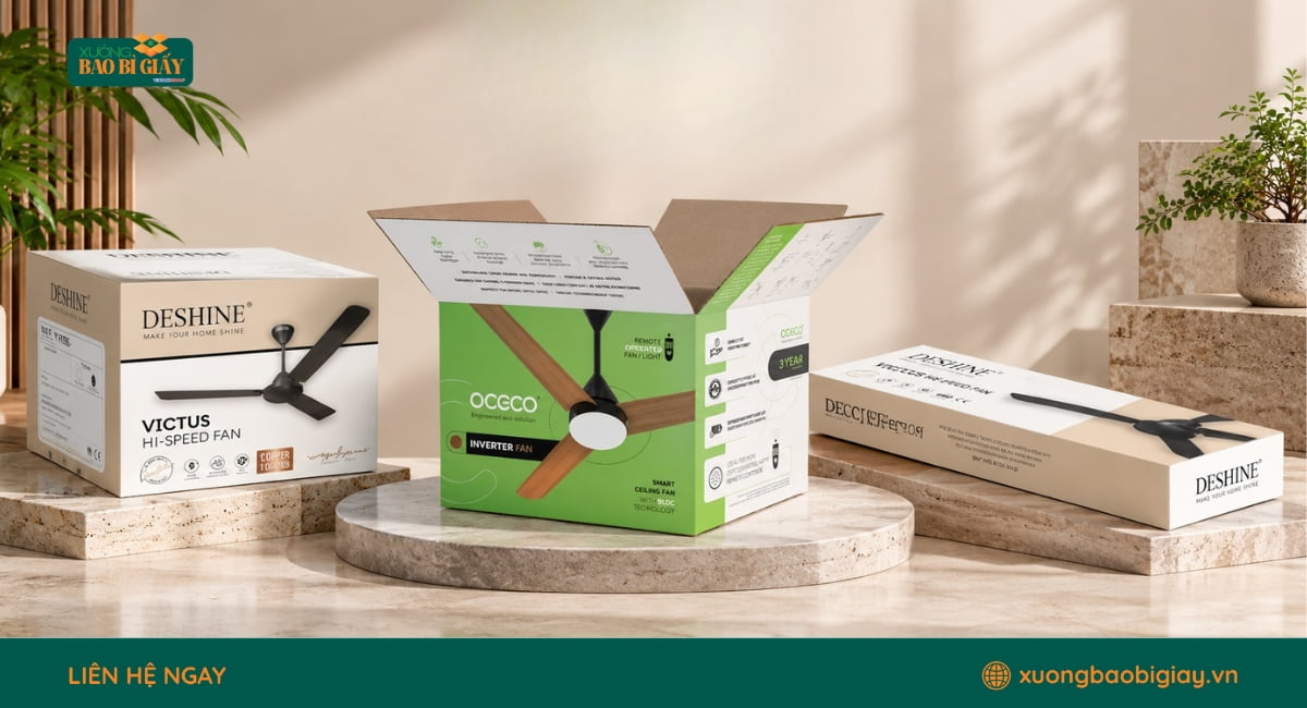 Cấu tạo và chất liệu thùng carton đựng quạt gồm giấy mặt, lớp sóng và kết cấu nhiều lớp tùy tải trọng sản phẩm.