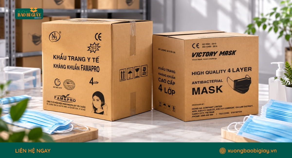 Chất liệu giấy mặt thùng carton đựng khẩu trang phù hợp nhu cầu in ấn và đóng gói