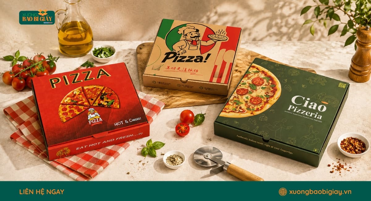 Chất liệu làm hộp giấy đựng bánh pizza có độ cứng phù hợp, giúp giữ phom và bảo vệ bánh trong quá trình vận chuyển.
