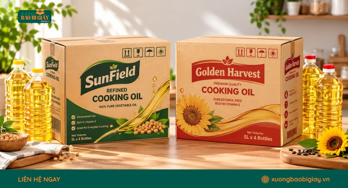 Công nghệ in thùng carton đựng dầu ăn giúp thể hiện hình ảnh và thông tin sắc nét