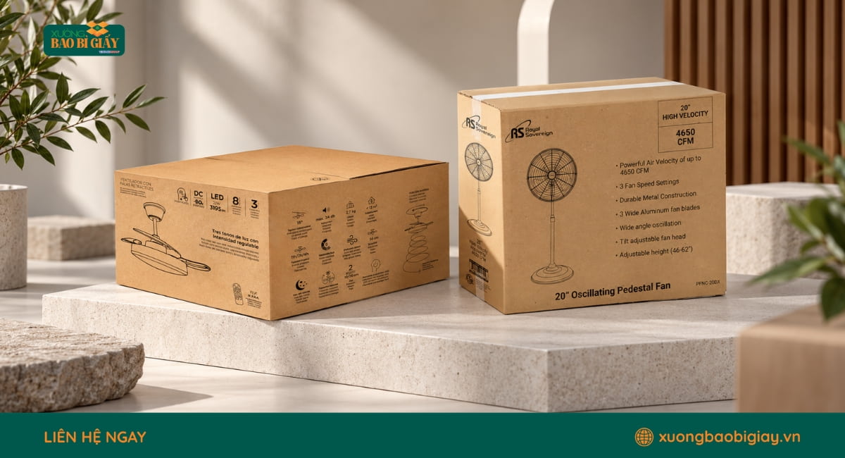Công nghệ in thùng carton đựng quạt bằng Flexo hoặc Offset giúp thể hiện logo, model và thông tin sản phẩm rõ ràng.