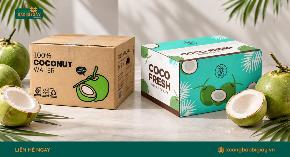 Công nghệ in thùng carton đựng dừa sắc nét theo thiết kế thương hiệu
