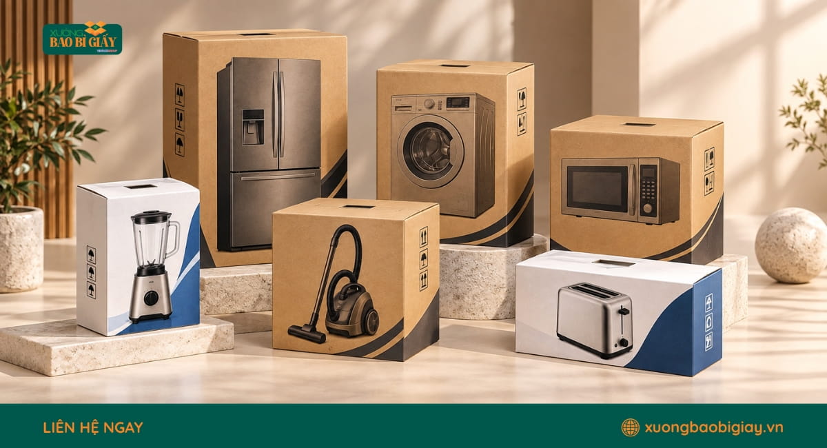 Gia công sau in thùng carton đựng đồ gia dụng giúp hoàn thiện kết cấu và bề mặt bao bì