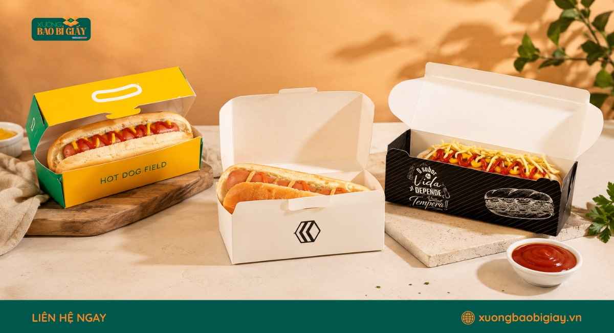 Hộp giấy đựng bánh mì hotdog giúp bảo vệ sản phẩm sạch sẽ, thuận tiện phục vụ và mang đi.