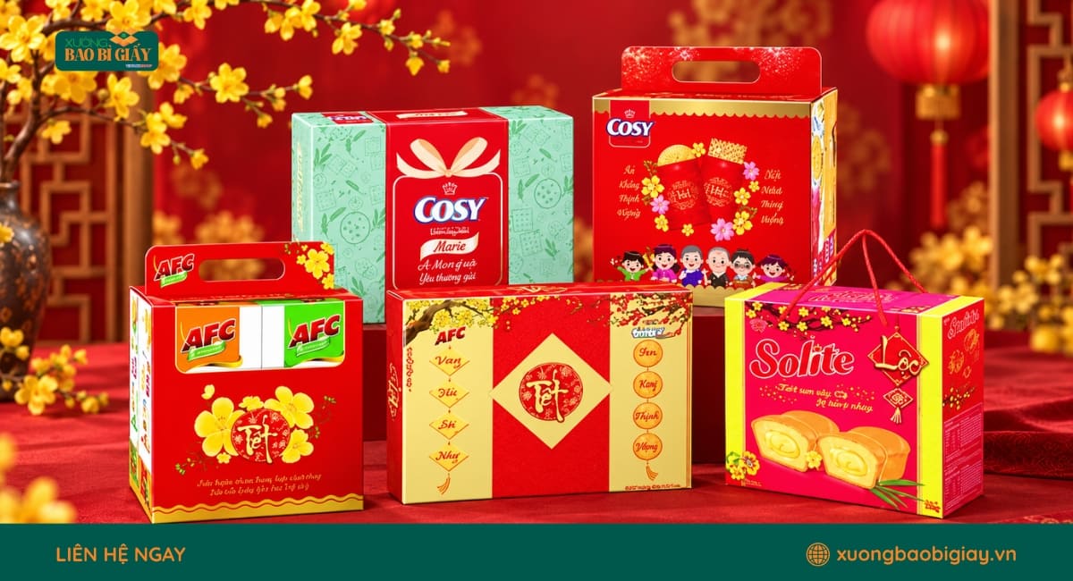 Hộp giấy đựng bánh kẹo Tết in theo yêu cầu, phù hợp đóng gói bánh, kẹo và các sản phẩm quà Tết.