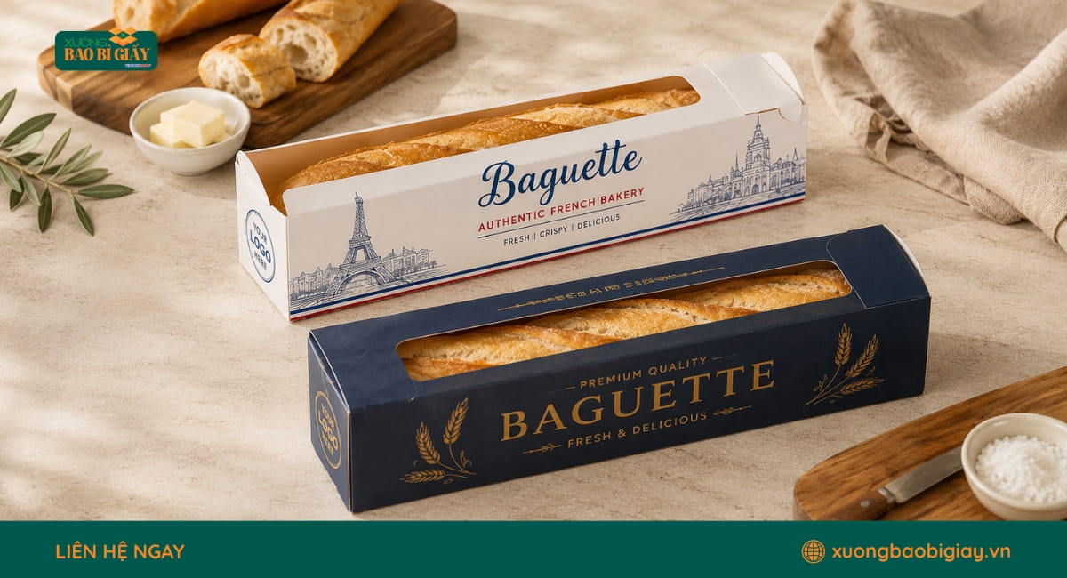 Hộp giấy đựng bánh mì baguette dáng dài, hạn chế bánh bị móp và giữ hình thức đẹp mắt.