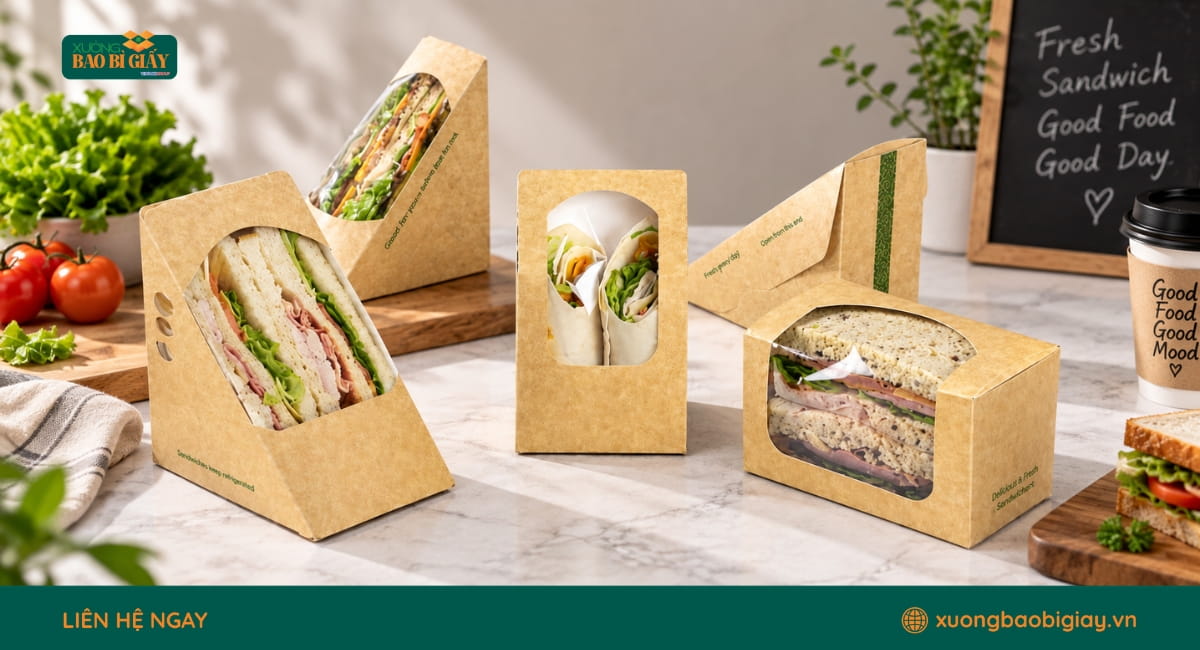 Hộp giấy đựng bánh mì sandwich gọn gàng, giúp bảo vệ bánh và thuận tiện khi mang đi.
