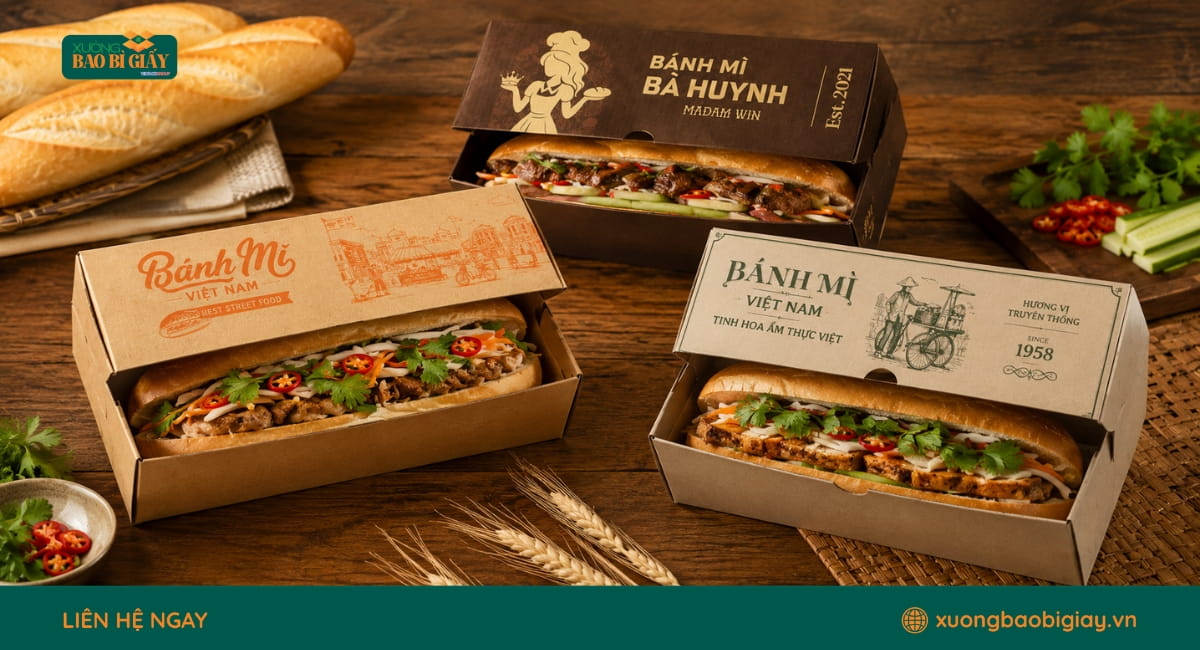 Hộp giấy đựng bánh mì truyền thống có kiểu dáng tiện dụng, phù hợp phục vụ tại chỗ và mang đi.