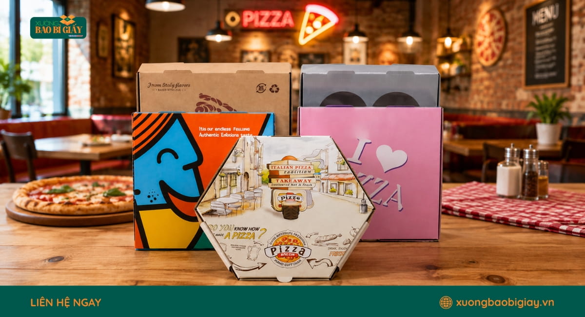 Hộp giấy đựng bánh pizza đa dạng kiểu dáng, phù hợp với nhiều kích thước bánh và phong cách thương hiệu.