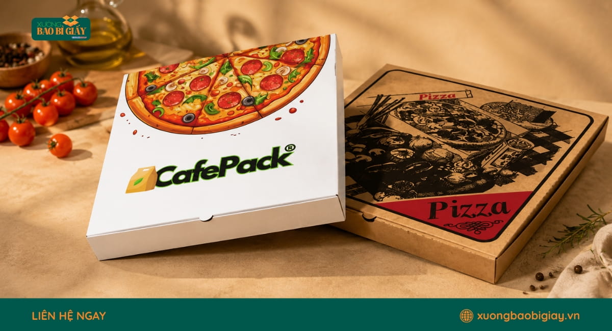 Hộp giấy đựng bánh pizza in ấn sắc nét, giúp thông tin sản phẩm rõ ràng và hình ảnh thương hiệu nổi bật hơn.