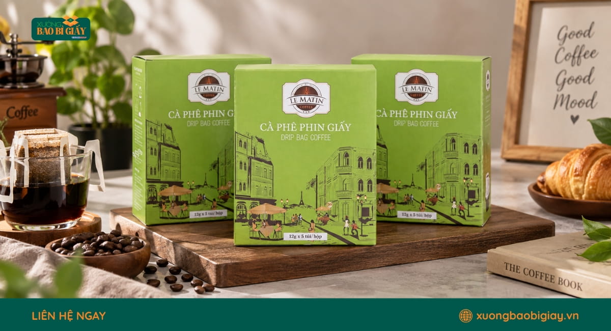 Hộp giấy đựng cà phê túi lọc có kết cấu gọn gàng, thuận tiện bảo quản và sử dụng từng gói.