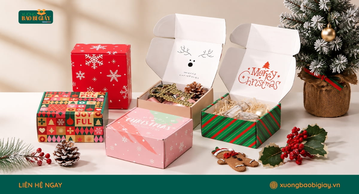 Mẫu hộp giấy đựng quà Noel sáng tạo giúp món quà trở nên nổi bật và mang đậm không khí Giáng sinh.