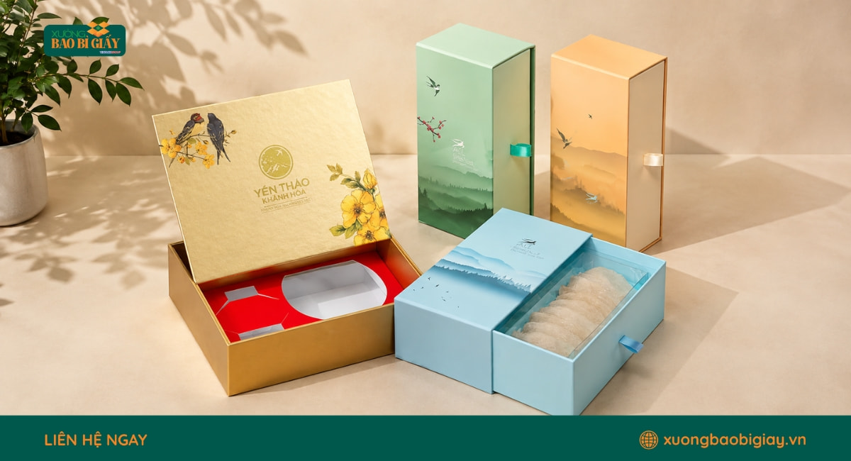 Hộp giấy đựng yến sào có thiết kế sang trọng, bố cục chỉn chu và màu sắc phù hợp với phân khúc quà tặng cao cấp.