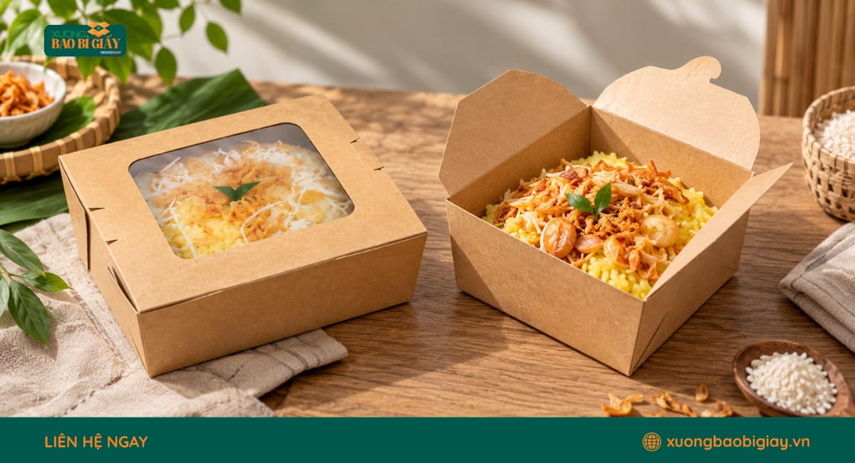 Hộp giấy kraft đựng xôi với thiết kế mộc mạc, phù hợp xu hướng bao bì giấy
