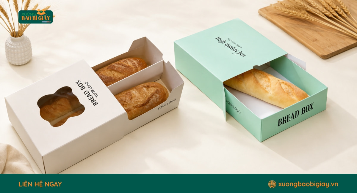 In hộp giấy đựng bánh mì theo yêu cầu với kích thước, màu sắc và nhận diện riêng của thương hiệu.