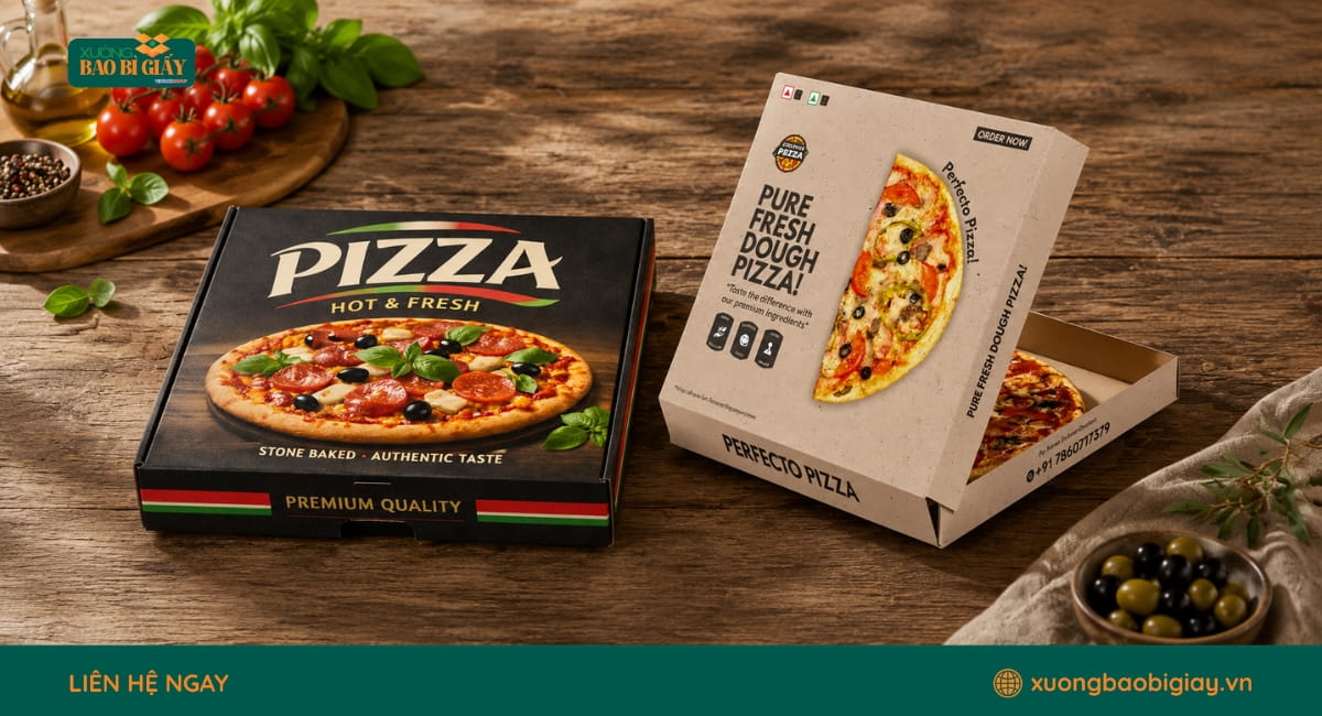 Dịch vụ in hộp giấy đựng bánh pizza theo yêu cầu giúp bao bì nổi bật và chuyên nghiệp khi giao đến khách hàng.