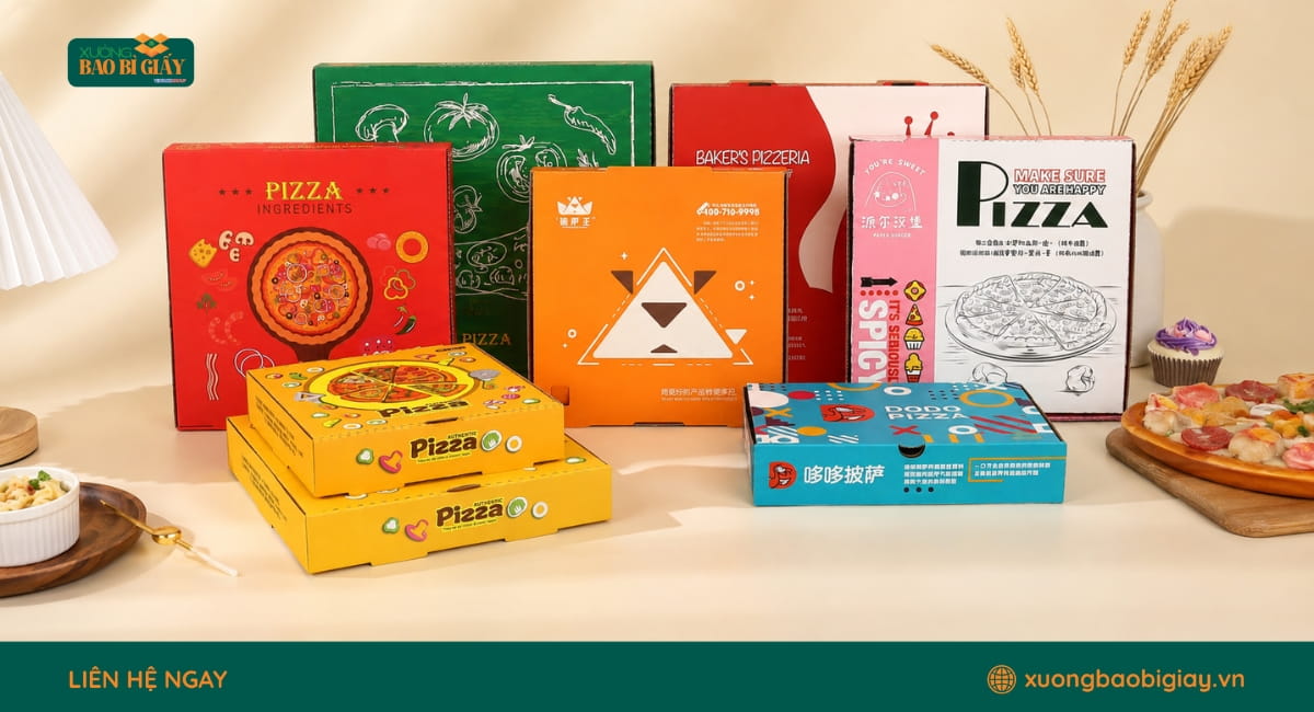Kích thước hộp giấy đựng bánh pizza được lựa chọn phù hợp với đường kính bánh, giúp hạn chế xê dịch khi vận chuyển.