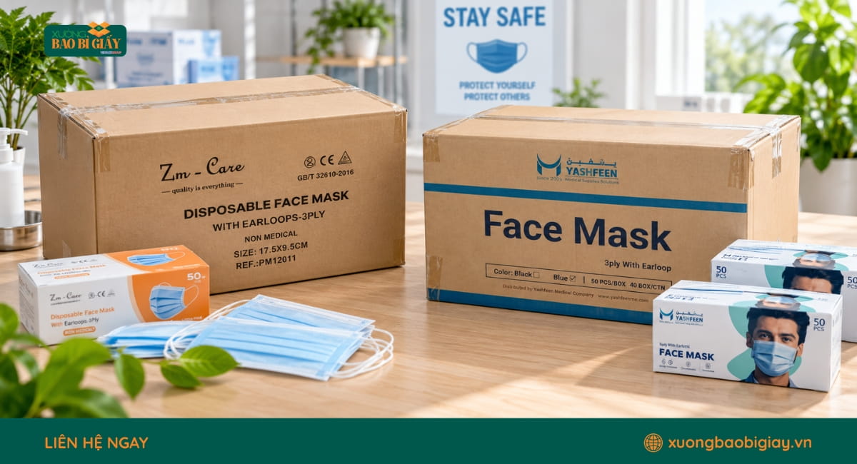 Các kiểu dáng thùng carton đựng khẩu trang phù hợp từng quy cách đóng gói