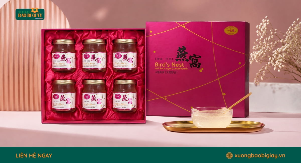 Hộp giấy đựng yến sào giúp bảo vệ sản phẩm, tăng tính thẩm mỹ và mang lại trải nghiệm mở hộp ấn tượng.
