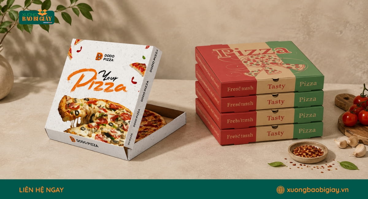 Các phương pháp in hộp giấy đựng bánh pizza giúp thể hiện logo, hình ảnh và thông tin thương hiệu rõ nét.