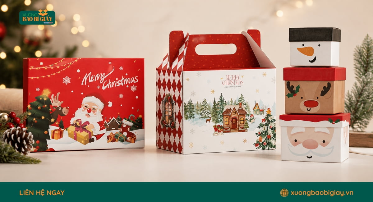 Quy cách in hộp giấy đựng quà Noel được điều chỉnh theo kích thước sản phẩm và yêu cầu trình bày quà tặng.