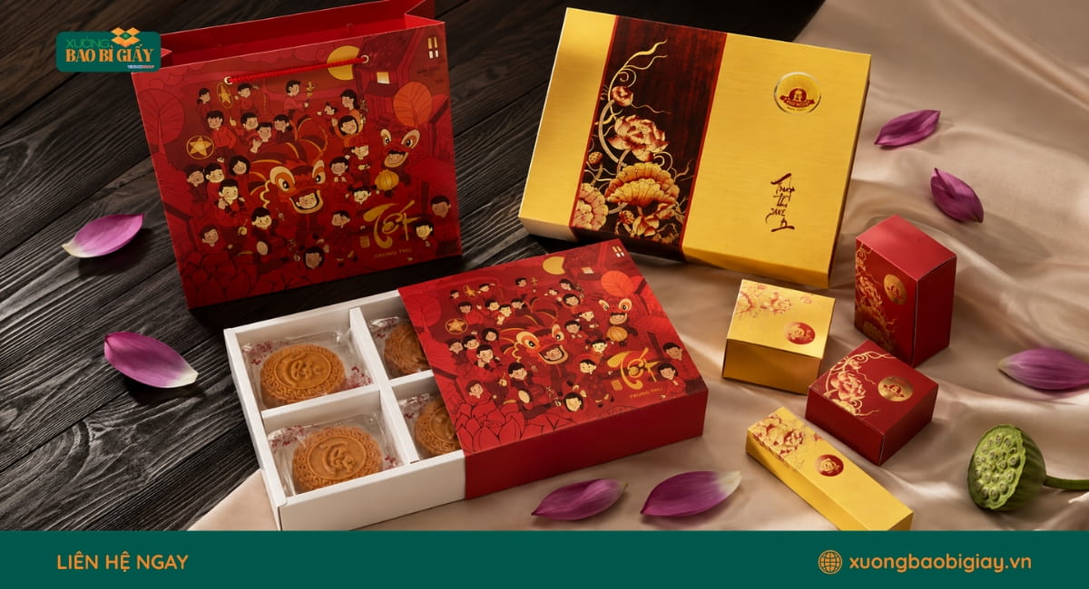 Quy cách sản xuất hộp giấy đựng bánh trung thu được điều chỉnh theo số lượng bánh và nhu cầu đóng gói thực tế.