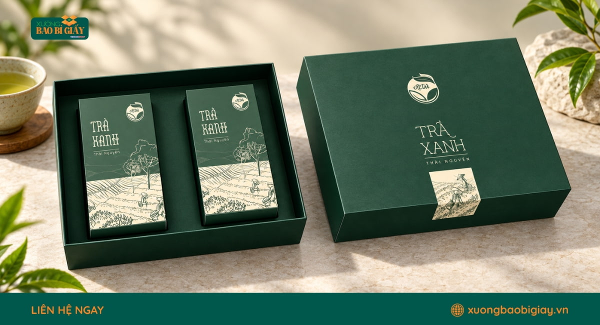 Quy cách sản xuất hộp giấy đựng trà được điều chỉnh theo kích thước, trọng lượng và hình thức đóng gói sản phẩm.