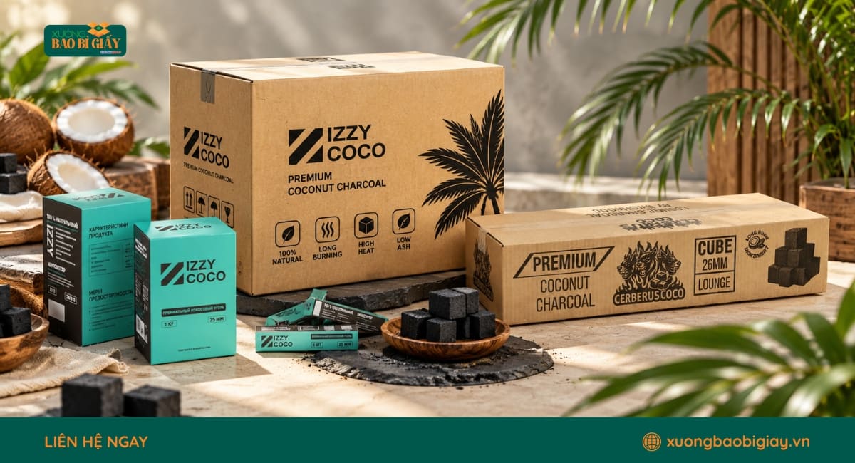 Thùng carton đựng than dừa hỗ trợ đóng gói, lưu kho và vận chuyển thuận tiện