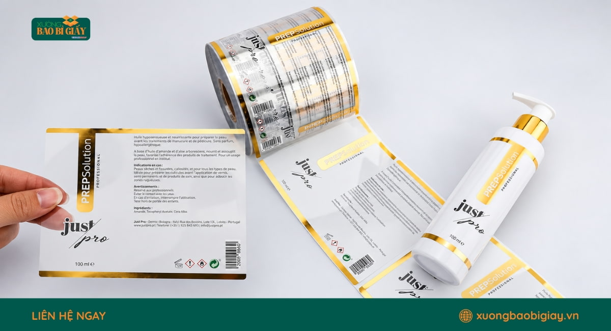 Tem nhãn decal dạng cuộn cho chai mỹ phẩm, sang trọng và chuyên nghiệp