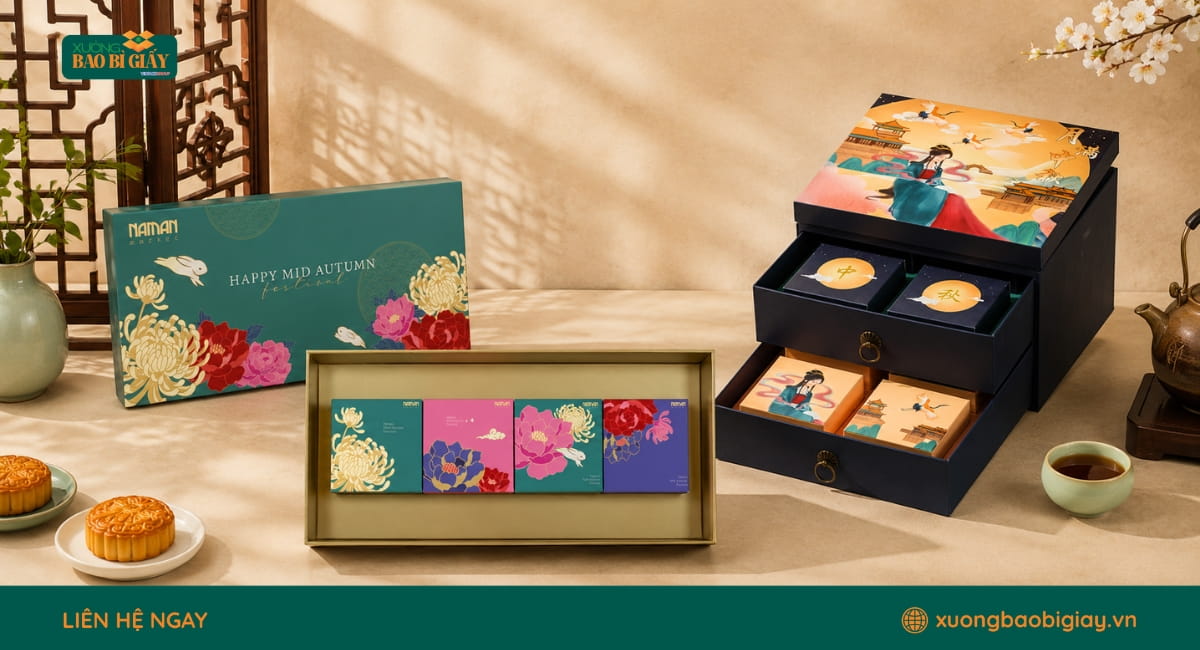 Thiết kế hộp giấy đựng bánh trung thu bền đẹp, vừa bảo vệ sản phẩm vừa nâng cao giá trị quà tặng.