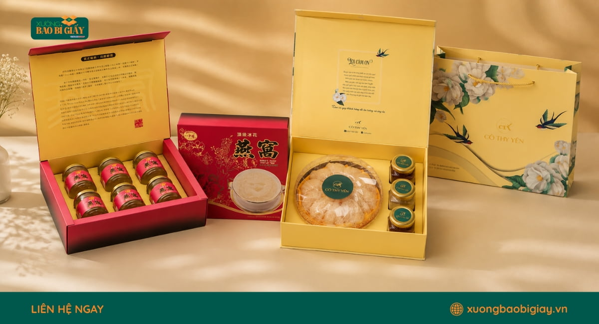 Thiết kế hộp giấy đựng yến sào theo yêu cầu về kích thước, kết cấu, màu sắc và nhận diện thương hiệu.