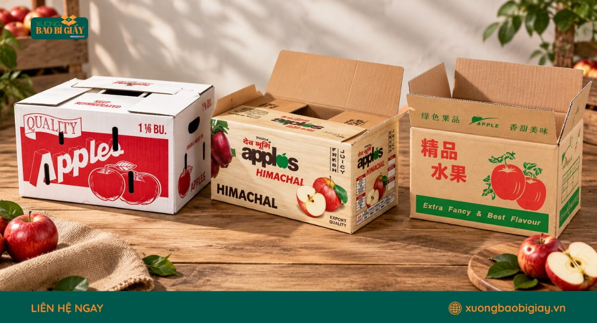 Thiết kế lỗ thông khí trên thùng carton giúp hỗ trợ lưu thông không khí cho táo
