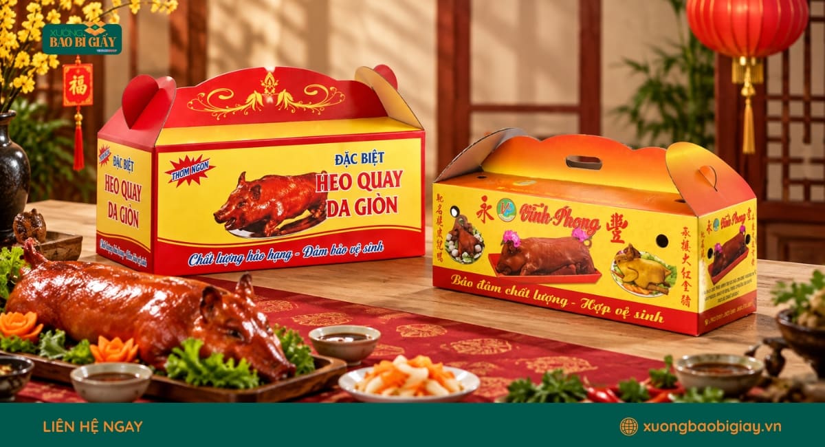 Thùng carton đựng heo quay in ấn theo thiết kế và yêu cầu thương hiệu