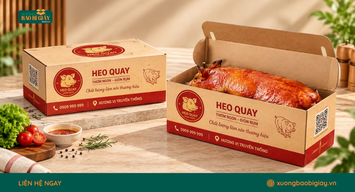 Thùng carton đựng heo quay in thương hiệu giúp tăng nhận diện khi giao hàng