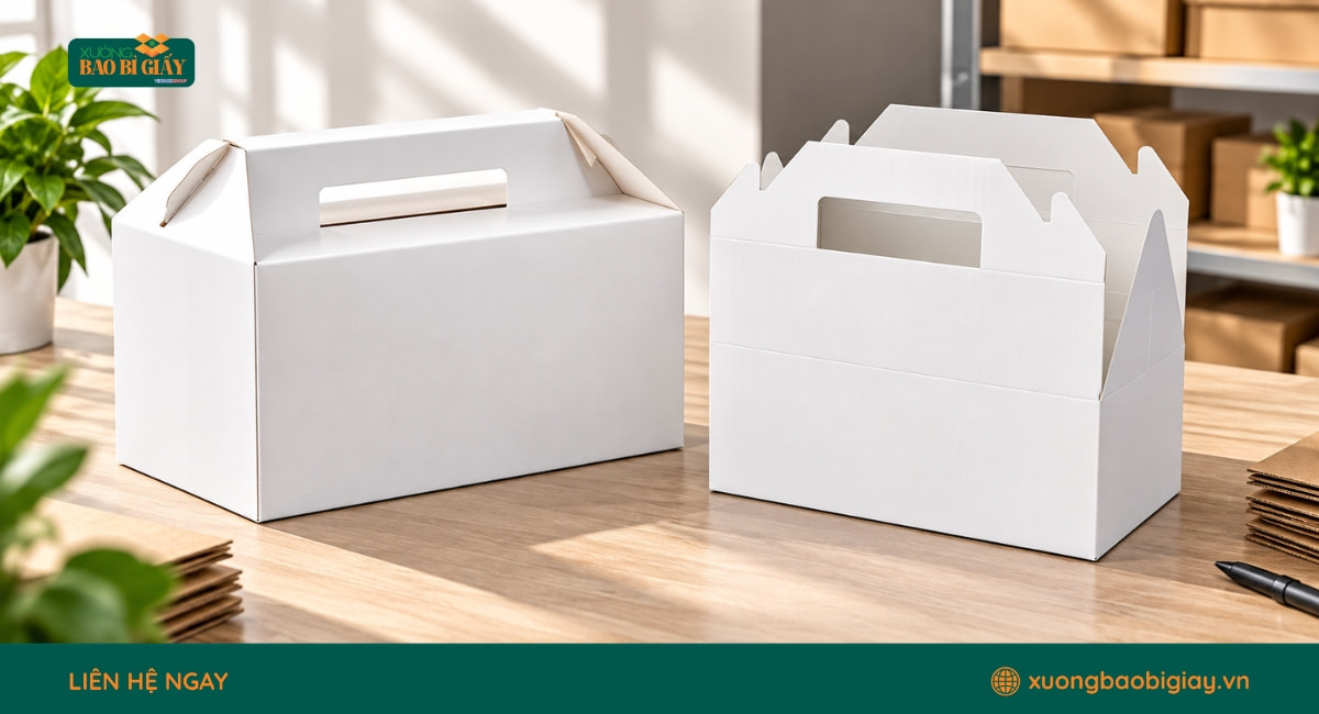 Thùng carton trắng có quai xách thuận tiện cho đóng gói và mang theo sản phẩm