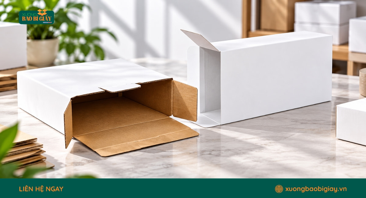 Thùng carton trắng mở hông thuận tiện khi đóng gói và lấy sản phẩm