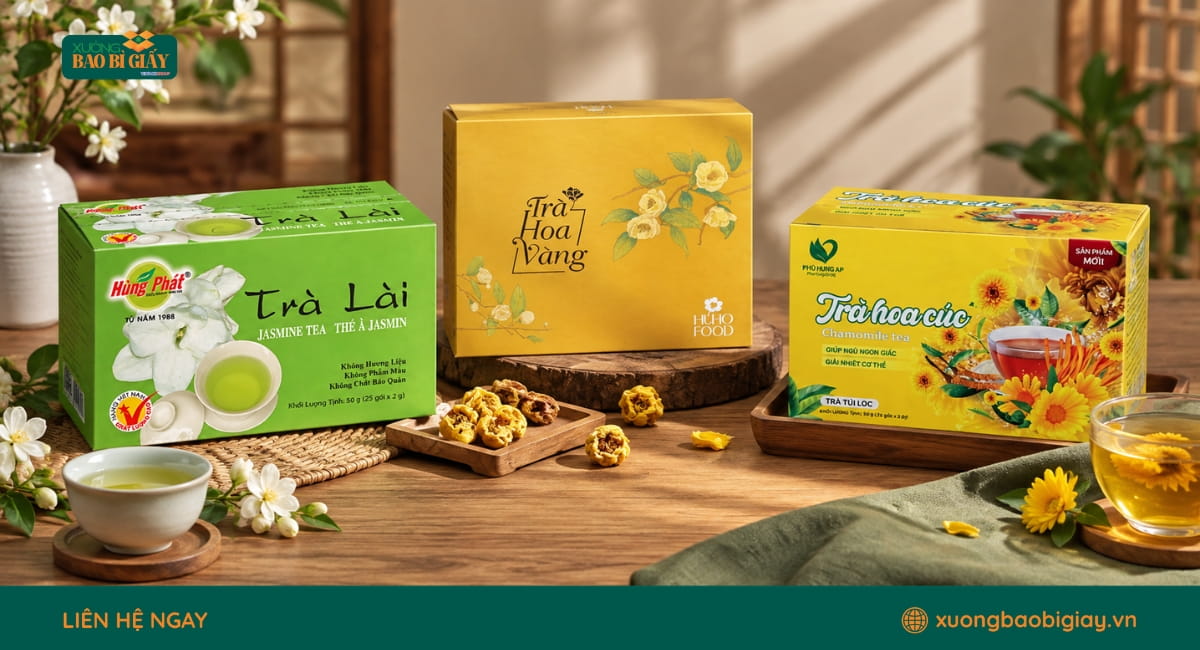 Thiết kế hộp giấy đựng trà cần đảm bảo kết cấu chắc chắn, thông tin rõ ràng và phù hợp nhận diện thương hiệu.