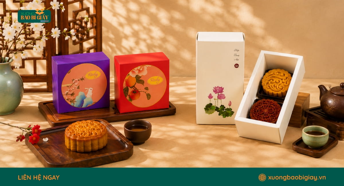 Hộp giấy đựng bánh trung thu giúp bảo vệ bánh, trình bày sản phẩm đẹp mắt và truyền tải hình ảnh thương hiệu.
