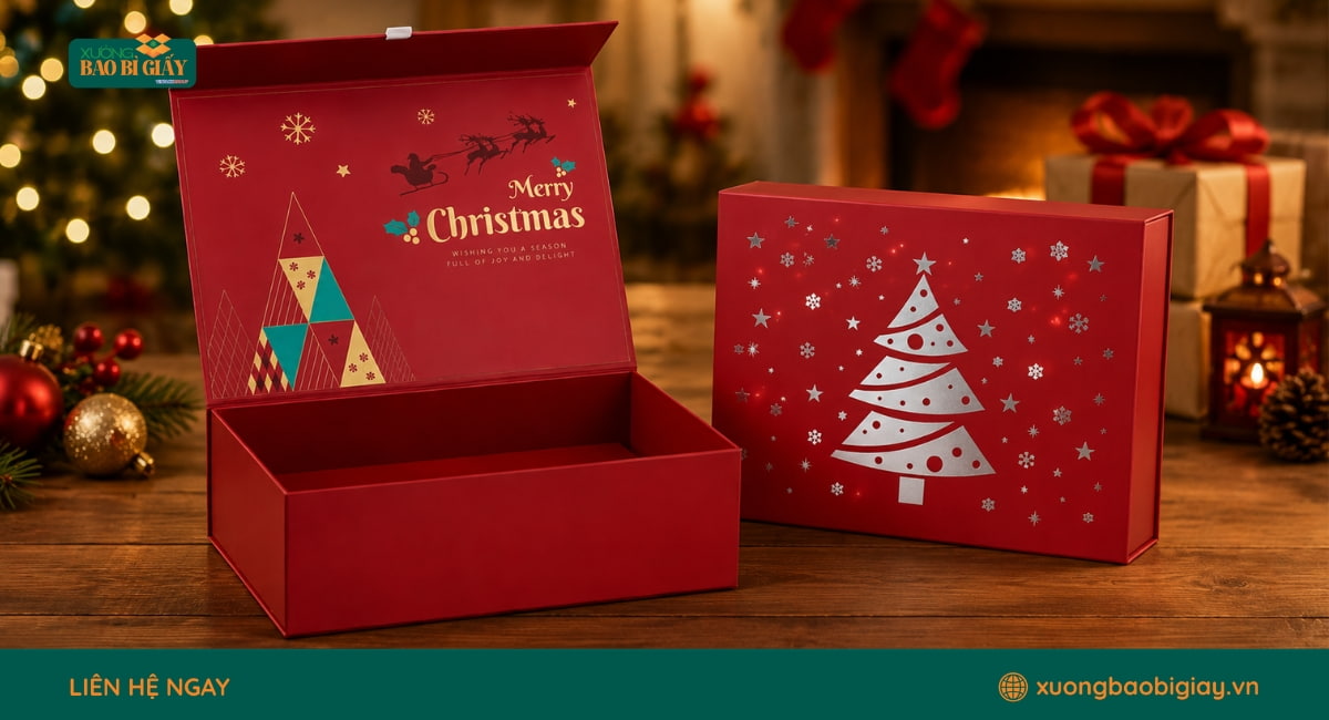 Hộp giấy đựng quà Noel giúp bảo vệ sản phẩm, tăng tính thẩm mỹ và mang đến trải nghiệm nhận quà trọn vẹn.