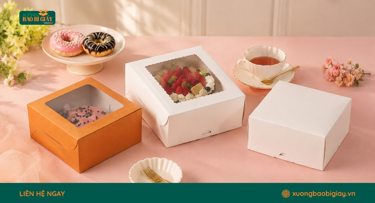 Xu hướng thiết kế hộp giấy đựng bánh kem ưu tiên kiểu dáng đẹp mắt, tiện dụng và phù hợp với phong cách thương hiệu.