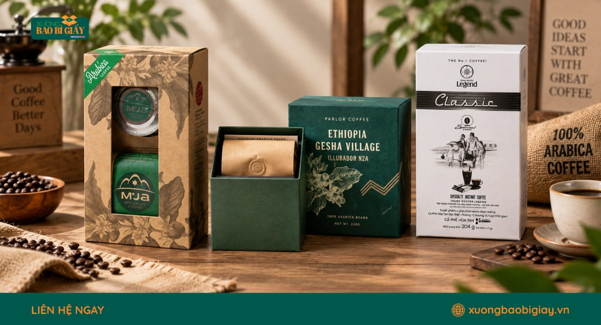 Xưởng in hộp giấy đựng cà phê theo yêu cầu với thiết kế riêng phù hợp từng dòng sản phẩm.