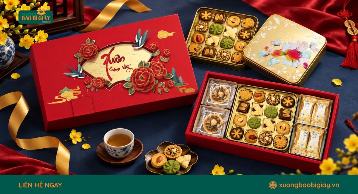 Xưởng sản xuất hộp giấy đựng bánh kẹo ngày Tết theo yêu cầu, đáp ứng đa dạng kích thước, kiểu dáng và thiết kế thương hiệu.