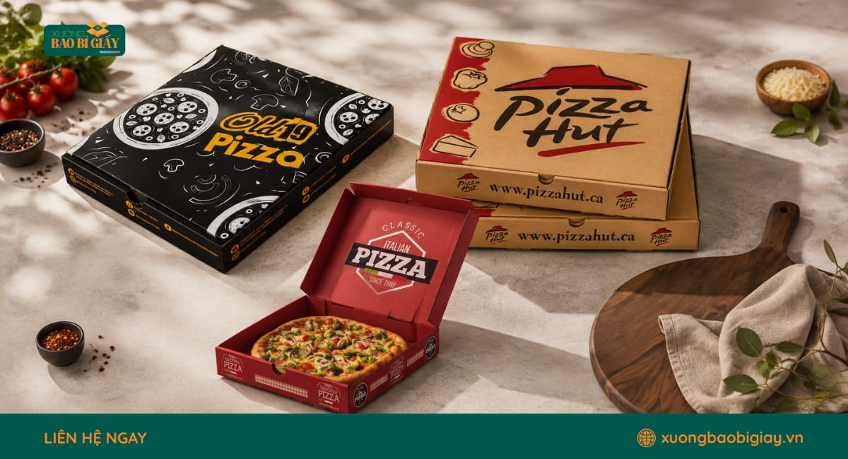 Xưởng sản xuất hộp giấy đựng bánh pizza đáp ứng đa dạng quy cách, kiểu dáng và số lượng đặt hàng.