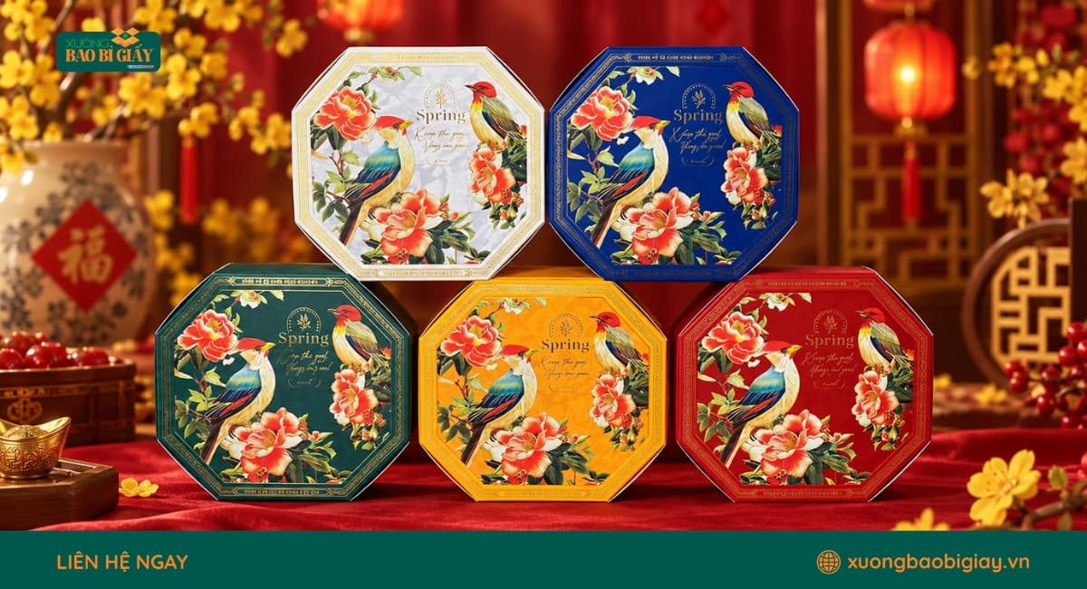 Ý tưởng thiết kế hộp giấy đựng bánh kẹo ngày Tết sáng tạo, kết hợp màu sắc và họa tiết truyền thống để tạo điểm nhấn.