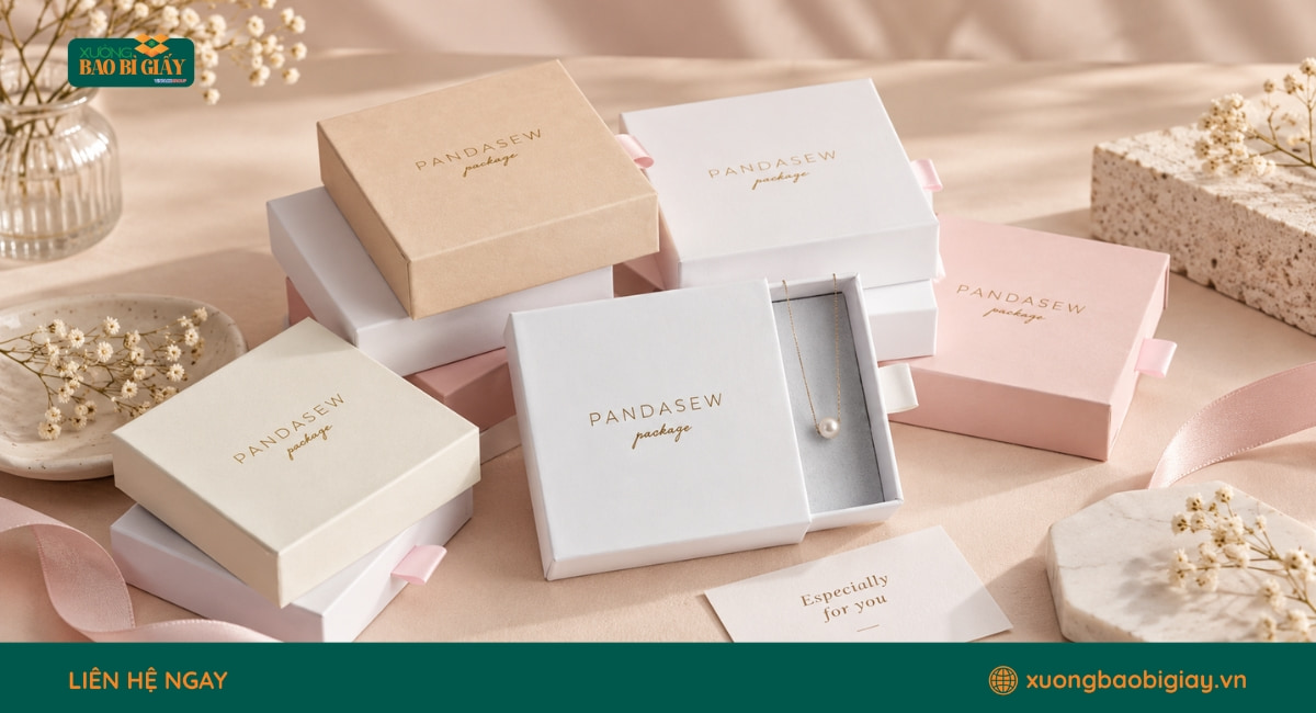 Ý tưởng thiết kế hộp giấy đựng trang sức độc đáo giúp sản phẩm tạo ấn tượng ngay từ khi mở hộp.