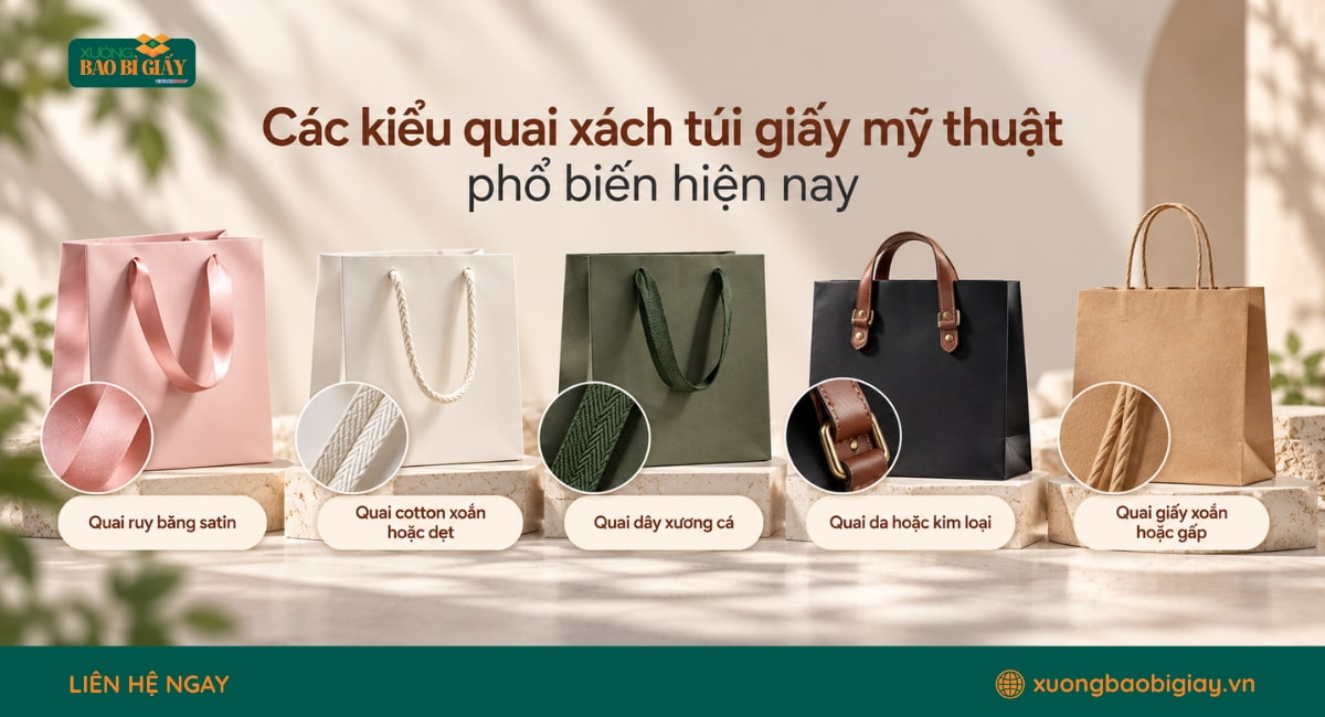 Các kiểu quai xách túi giấy mỹ thuật như dây dù, ruy băng và quai giấy