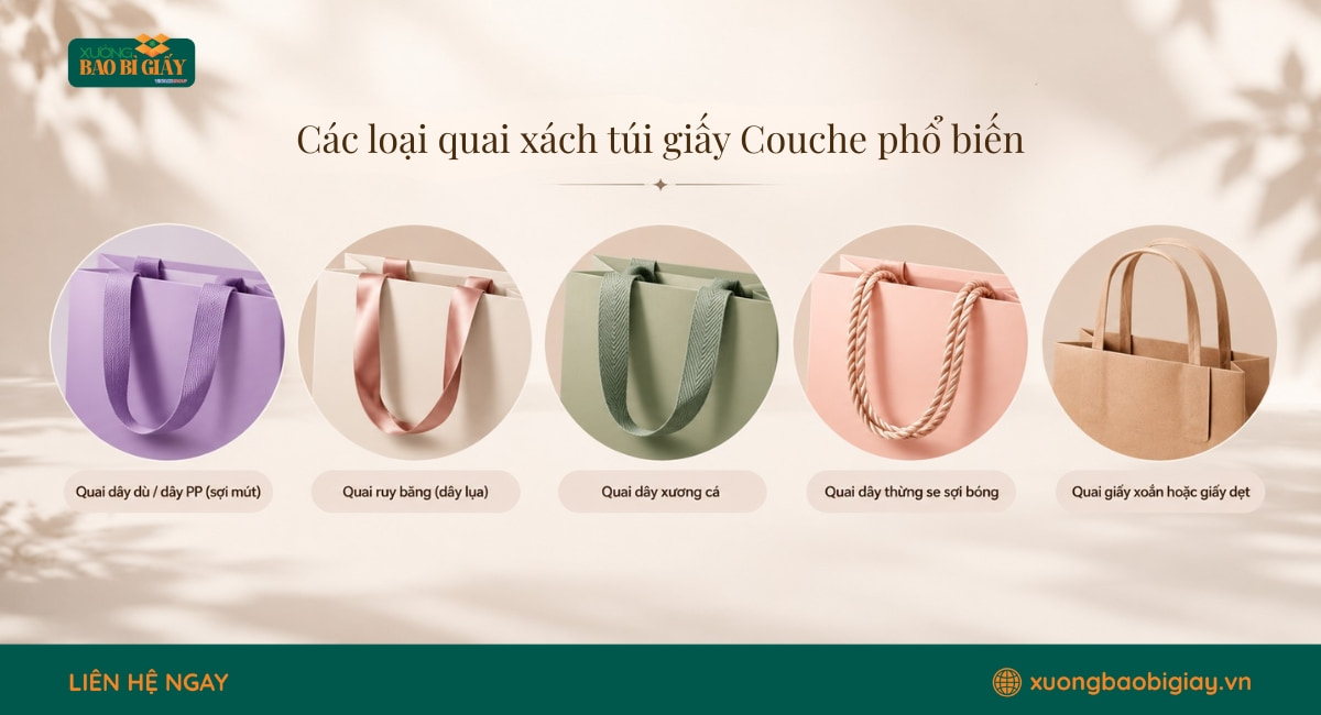 Các kiểu quai xách túi giấy Couche gồm quai giấy, dây dù và ruy băng