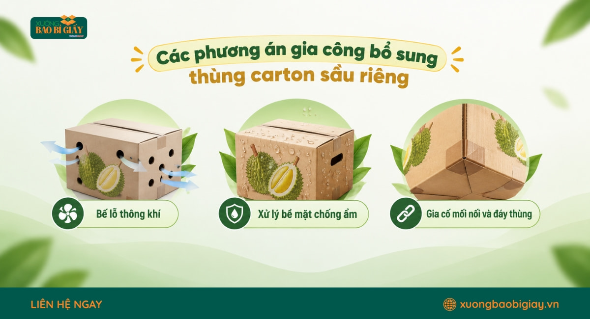 Các phương án gia công bổ sung giúp thùng carton đựng sầu riêng chắc chắn và phù hợp hơn khi vận chuyển